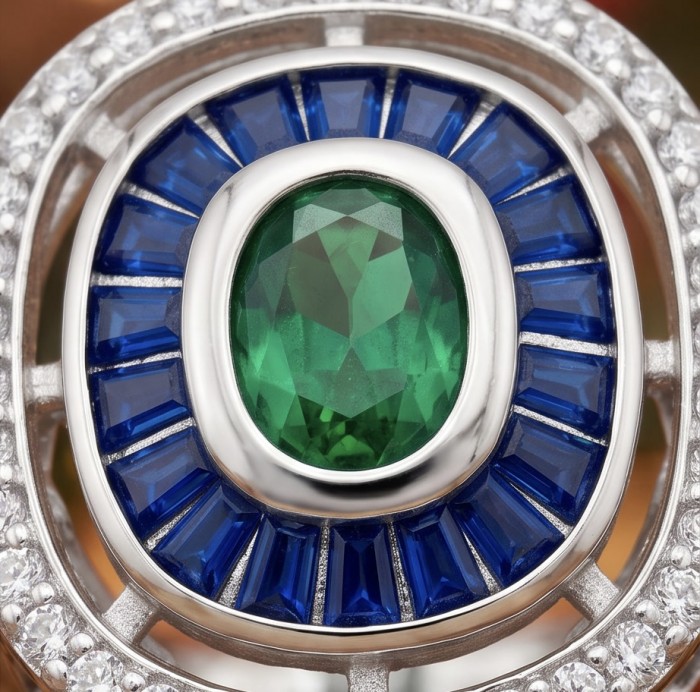 Art Deco 8.6 ctw Colombian Emerald Rhodium plated .925 Sterling Silver handcrafted Statement Ring size 9 - Close-up of Art Deco emerald ring with blue and clear gemstones.