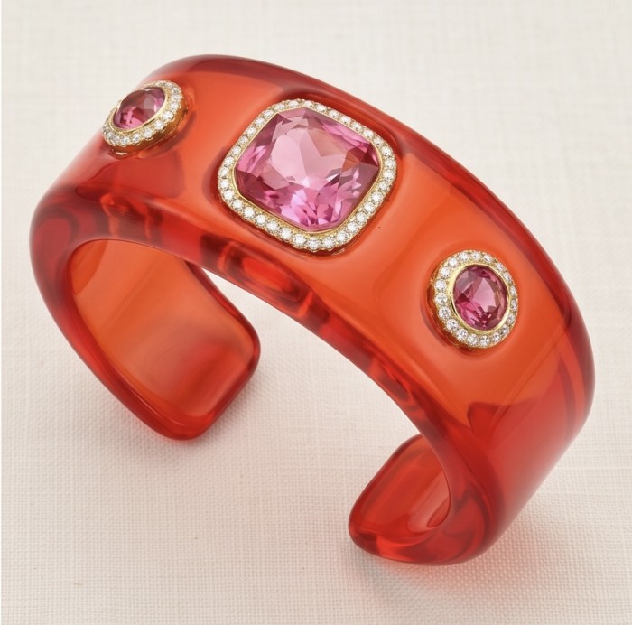 Candy Store - Modern Design Natural Red Raisin Pink Topaz .925 Sterling Silver bracelet - Red resin bracelet with pink topaz, top view.