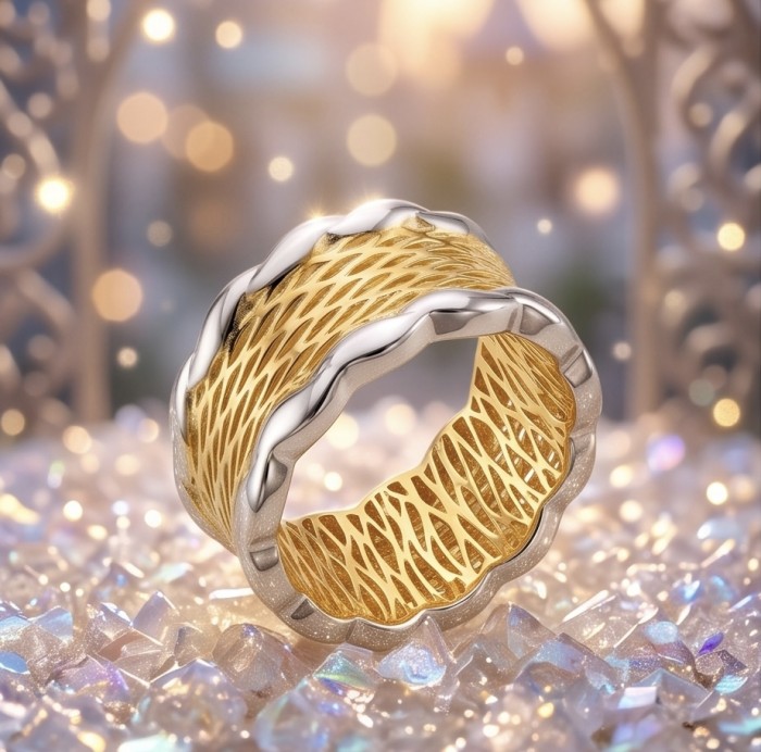 Perfection Natural 18K Gold over .925 Sterling Silver ring size 7 1/4 - 18K Gold over Sterling Silver ring, close-up angle on intricate design.