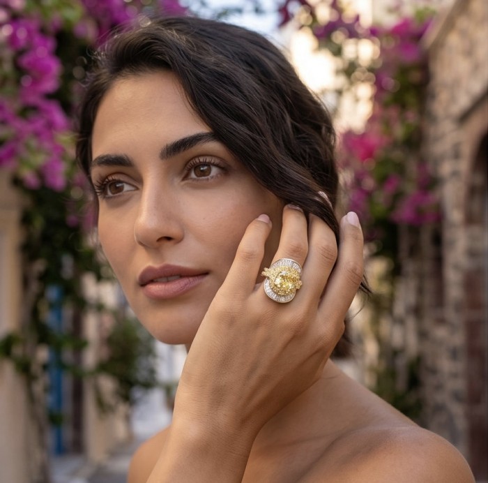 Wearable Art - Art Deco - Solid 25.8 carat Genuine Yellow Sapphire .925 Sterling Silver handcrafted ring size 7 1/4 - Woman wearing ring, close-up showing Art Deco design and yellow stone