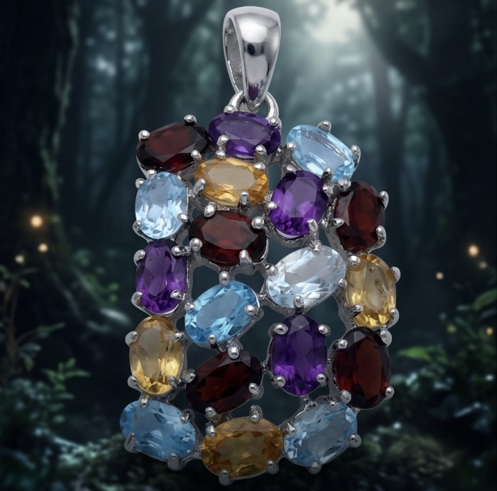 Beauty of Nature natural 22.5 CARAT Multigem .925 Sterling Silver handcrafted pendant - Front view of multigem pendant with colorful stones in nature setting