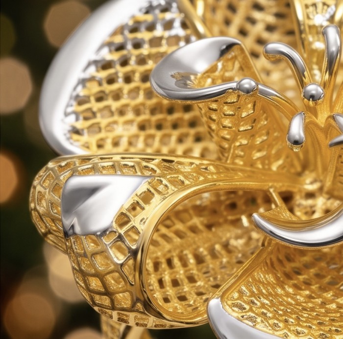 GOLDEN ROSE - Dubai Style - .925 Sterling Silver dipped in 22K Gold handmade Large ring size 8 - Close-up of intricate gold and silver flower jewelry detail.
