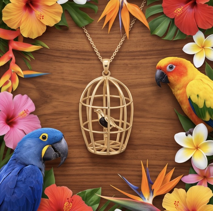 Charm Pendant - Birdcage - Authentic Baltic Amber 18K Gold over .925 Sterling Silver handcrafted pendant - Charm pendant birdcage with amber, floral parrot background, angled view.