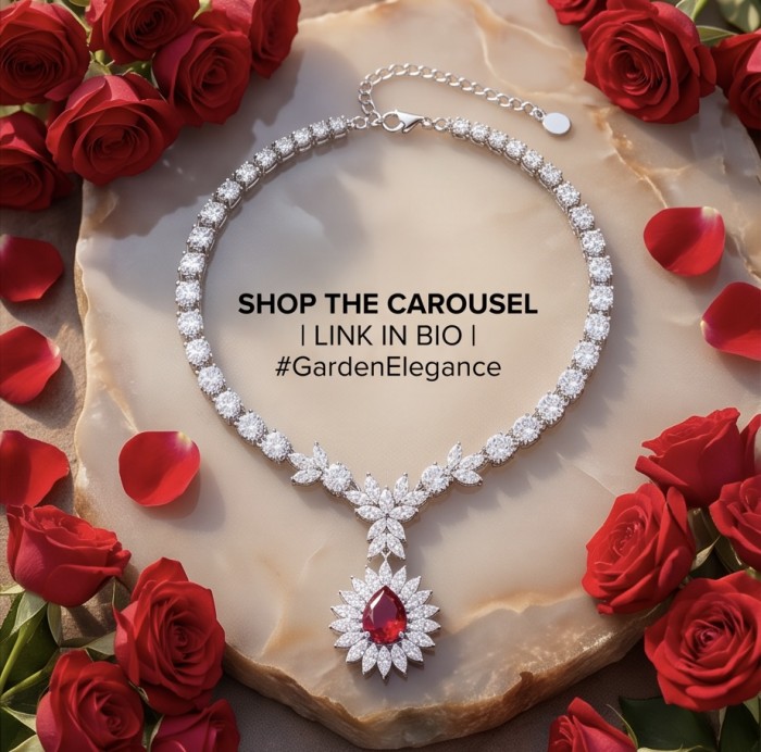Luxurious 9.8 carat natural Mozambique Ruby .925 Sterling Silver .925 Sterling Silver Statement Necklace - Luxurious ruby necklace with diamond detailing, surrounded by red roses.