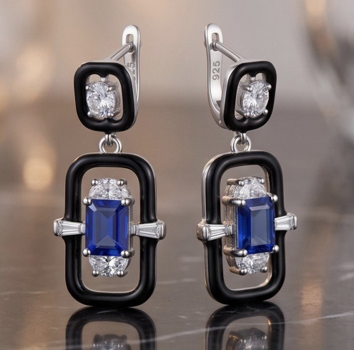 Art Deco 4.5 carat Sapphire black enamel .925 Sterling Silver handcrafted earrings - Art Deco sapphire earrings, front view close-up.