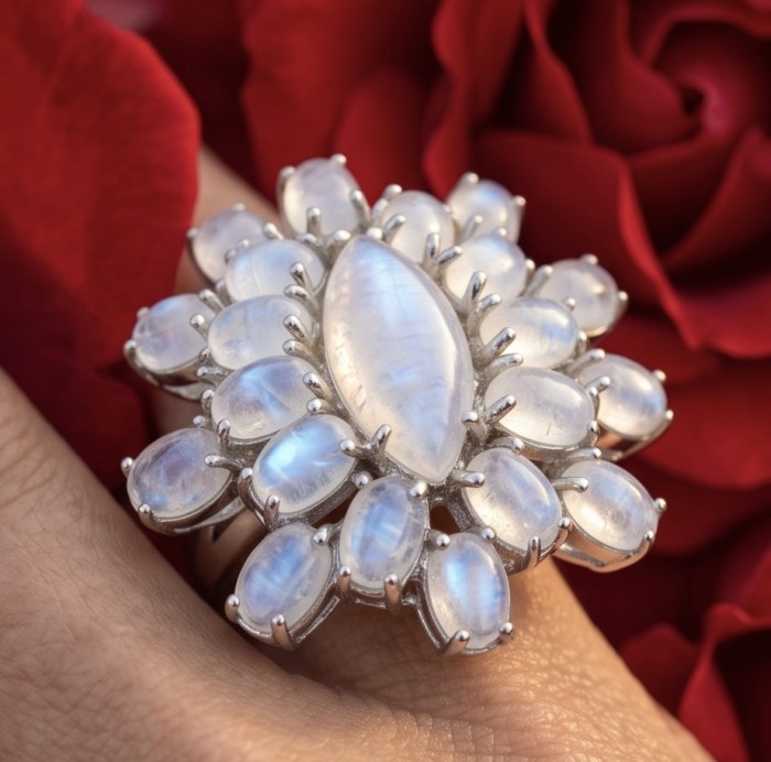 Large Blue Cascade 29.5 carat Rainbow Moonstone rhodium over .925 Sterling Silver handmade ring s. 6 - Rainbow moonstone ring worn on hand, with red roses in background