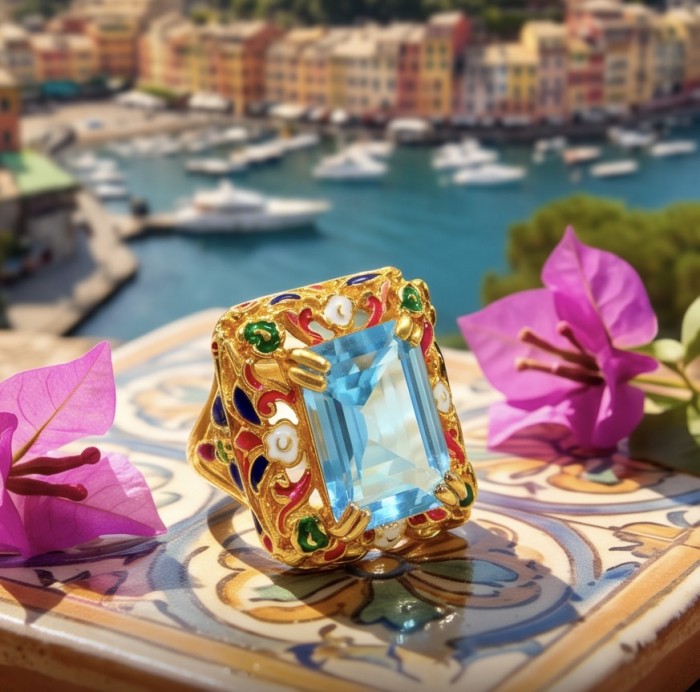 Nirvana Natural Fancy baquette cut 15.8 carat Swiss Blue Topaz .925 Sterling Silver dipped in 22K Gold handmade Statement Ring size 7 - Close-up of a gold ring with a large blue stone, floral background