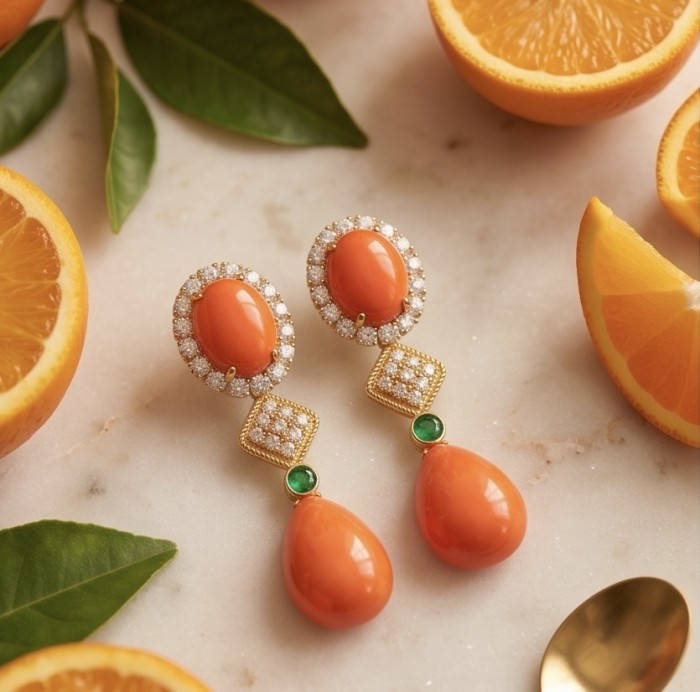 Queen of the Sea Genuine Orange Fossilized Coral 18k Gold over .925 Sterling Silver handmade earrings - Orange coral and gold earrings flat lay with sliced oranges.