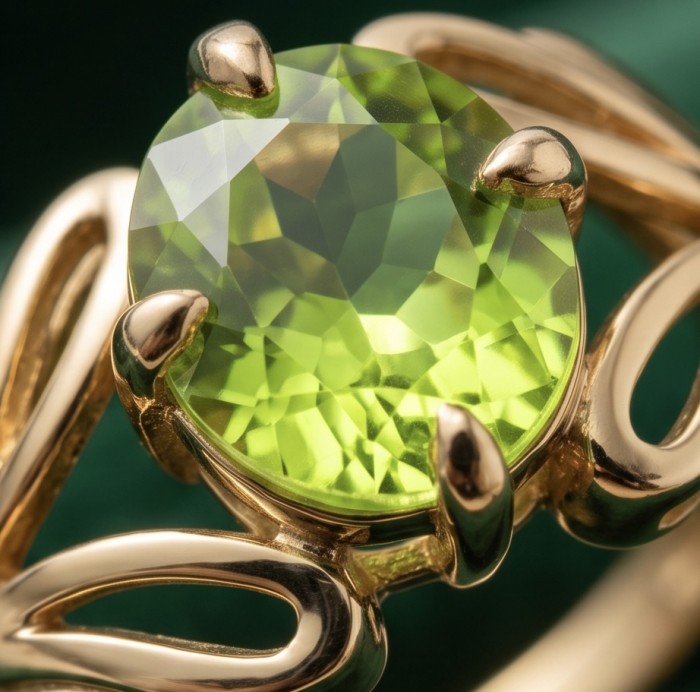 Alessia authentic 6.8 carat oval cut Peridot .925 Sterling Silver dipped in 14K Gold handmade Ring s. 8 - Close-up of Alessia 6.8 carat oval cut Peridot in gold setting.