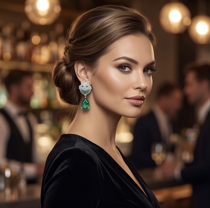 Elegant luxurious Cat 14.7 carat Colombian Emerald rhodium over .925 Sterling Silver handcrafted Statement earrings - Side view of woman wearing emerald earrings in elegant setting.