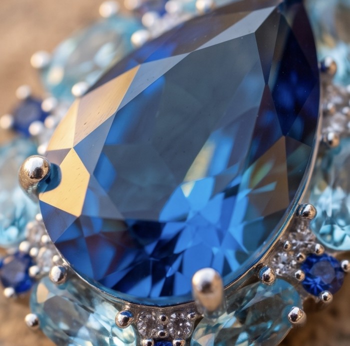 Vintage style 9.5 carat natural London Blue Topaz .925 Sterling Silver handcrafted necklace - Close-up of vintage London Blue Topaz stone with .925 silver setting
