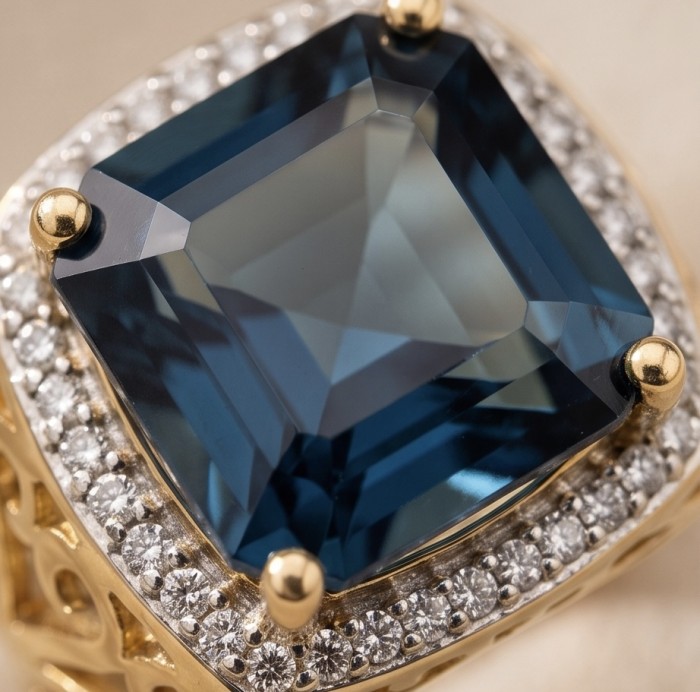 Vintge Style 15.8 carat asscher cut GREEN GRANDIDIERITE .925 Sterling dipped in 22K gOLD Silver ring; s. 6 - Close-up of vintage-style green grandidierite ring with diamond halo.