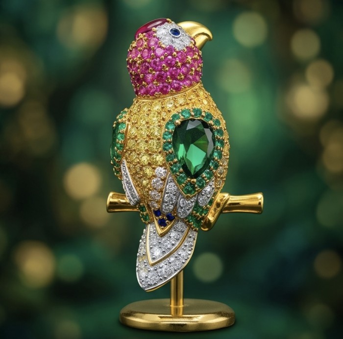 Exotic Parrot - 10.8 carat pave Ruby Emerald Sapphire 22K Gold over .925 Sterling Silver rhodium over handcrafted Brooch - Exotic Parrot jewelry with gemstones on stand, side view.