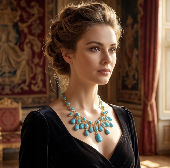 Blue Dreamland - Luxurious stabilized Turquoise 18K Gold over .925 Sterling Silver handmade Statement necklace - Side view of Blue Dreamland turquoise necklace worn with elegance.