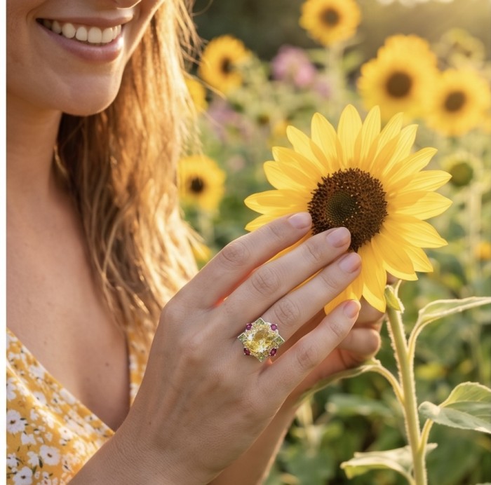 Costa del Sol 22.8 carat Genuine Lemon Quartz rhodium over .925 Sterling Silver handcrafted ring size 8 - Ring with lemon quartz worn on hand holding sunflower, sunny background.