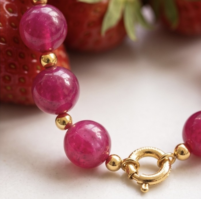 Outstanding Pink Tourmaline 10K Gold over .925 Sterling Silver handcrafted Statement necklace - Close-up of pink tourmaline bracelet with gold clasp detail