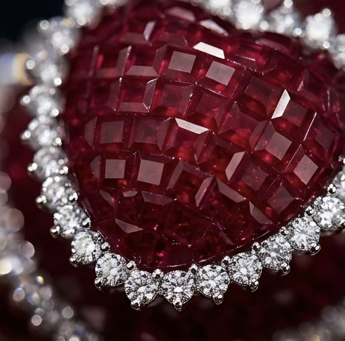 Genuine mystery setting 4.1 carat Ruby .925 Sterling Silver handcrafted Statement Earrings - Close-up of ruby with diamond accents in mystery setting