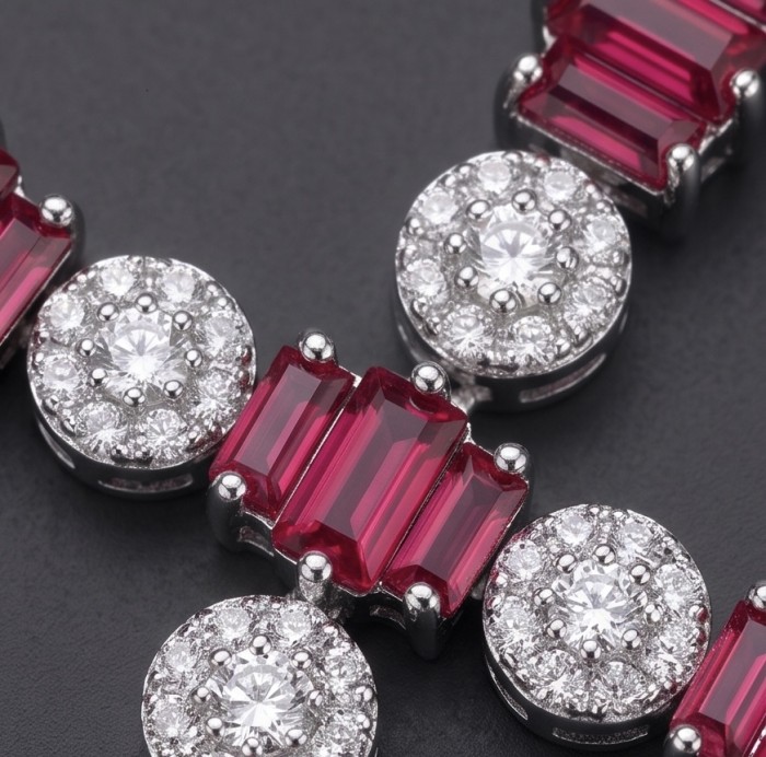 Art Deco - Genuine 8.8 carat Ruby rhodium over .925 Sterling Silver handcrafted Statement Necklace - Close-up of Art Deco ruby and diamond pattern in sterling silver.