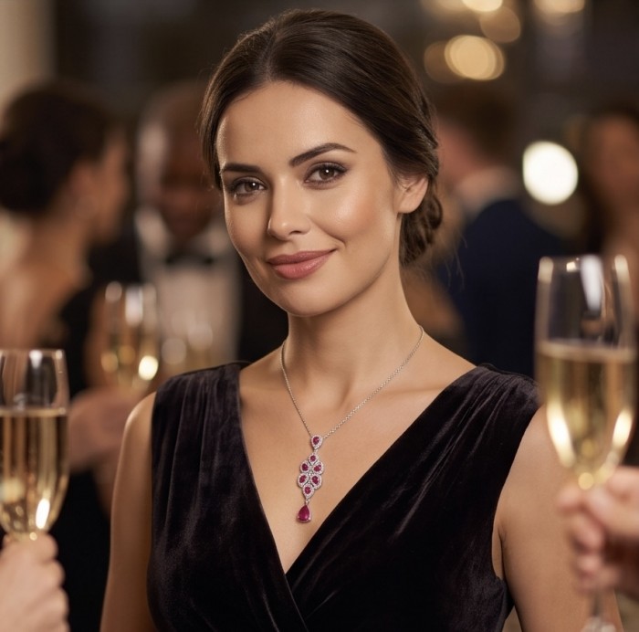 5.2 carat authentic Mozambique Ruby rhodium over .925 Sterling Silver handmade Pendant - Woman wearing Mozambique Ruby necklace at an elegant event