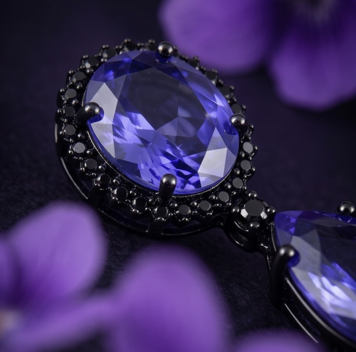 Giovanna - Authentic oval cut18.8 carat Tanzanite black rhodium over .925 Sterling Silver handcrafted earrings - Close-up of oval-cut 18.8 carat tanzanite in black rhodium setting.