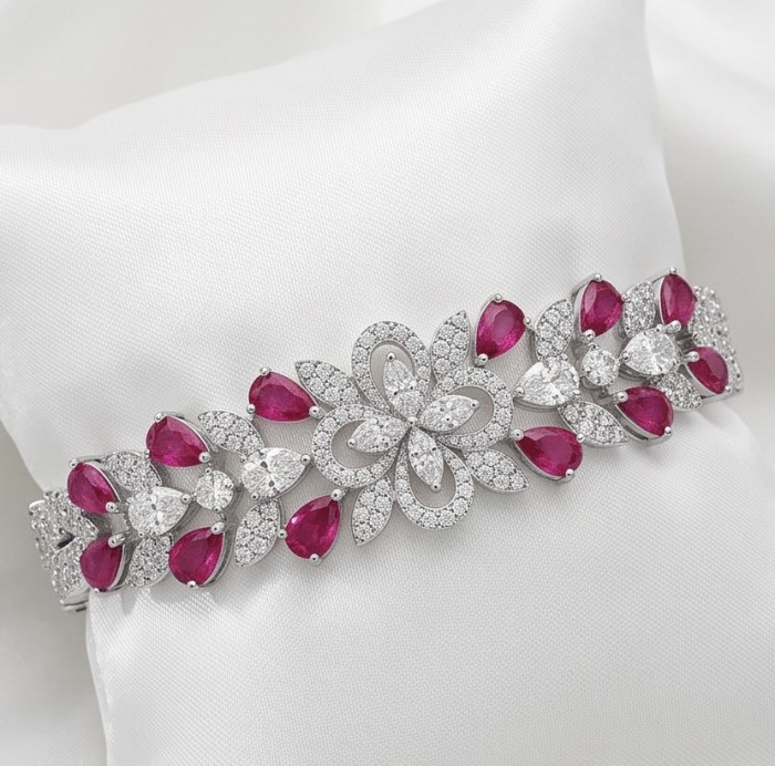 Luxurious 28.7 carat natural Mozambique Ruby rhodium over .925 Sterling Silver .925 Sterling Silver handcrafted Statement Bracelet - photo 2