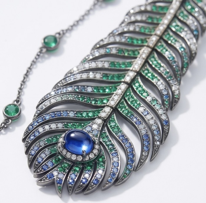 Precious Magic Feather 4.2 carat Sapphire 2.8 carata pave Emerald .925 Sterling Silver dipped in black rhodium Statement Necklace - Close-up of feather-shaped jewelry with sapphire and pave gemstones