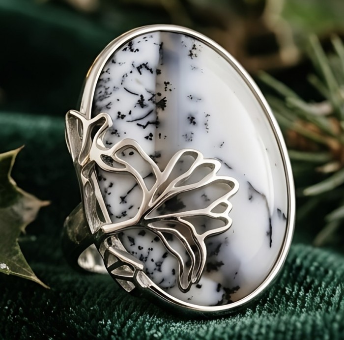 LARGE Top Quality Dendritic Agate .925 Sterling Silver handcrafted Ring s. 8 - Close-up of dendritic agate ring in sterling silver setting.