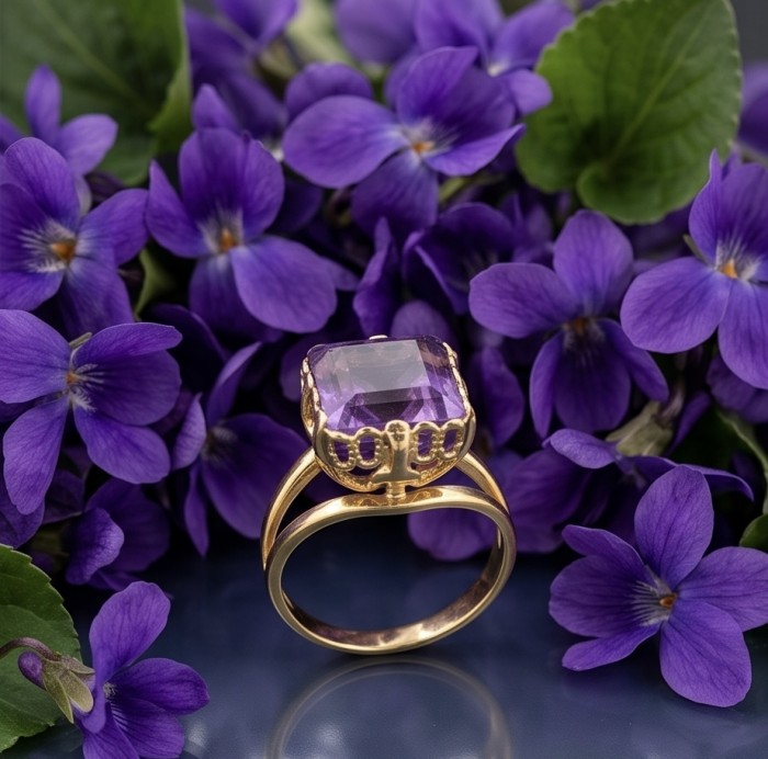Peace 5.2 carat natural Amethyst 18K Rose Gold over .925 Sterling Silver Handcrafted Ring size 6 1/4 - Amethyst ring on violets, angled view, 5.2 carat, 18K rose gold over silver.