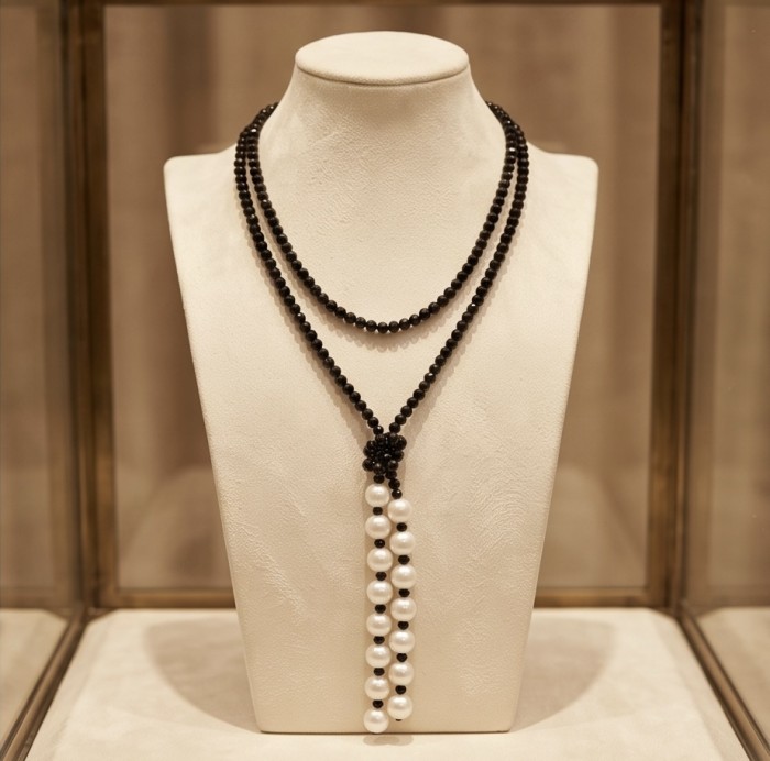 RETRO STYLE Authentic Onyx Mother of Pearl .925 Sterling Silver handcrafted necklace 44 inches - Front view of RETRO STYLE Onyx and Mother of Pearl necklace.