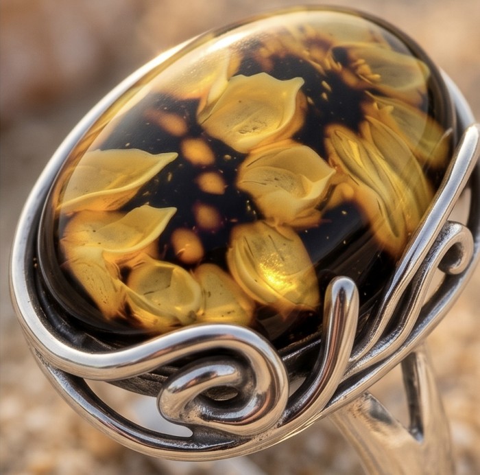 Beautiful Authentic Funflowers carved Baltic Amber .925 Sterling Silver handcrafted ring; s. 7 adjustable - Stone close-up of Funflowers carved Baltic amber ring with silver setting.