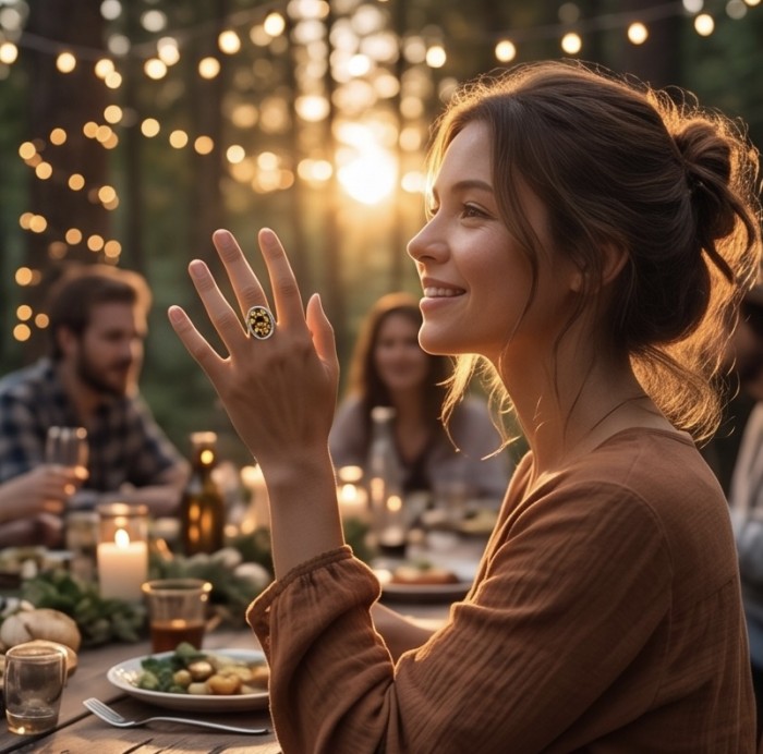 Beautiful Authentic Funflowers carved Baltic Amber .925 Sterling Silver handcrafted ring; s. 7 adjustable - Amber ring worn on hand at sunset outdoor dinner party.