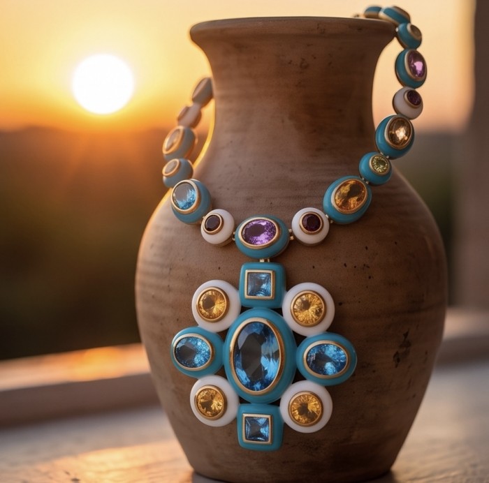 Outstanding - Authentic 31.2 carat Swiss Blue Topaz 18.8 carat Citrine 14.1 carat Amethyst Enamel 22K Gold over .925 Sterling Silver handcrafted Statementbnecklace - Necklace display at sunset with Swiss Blue Topaz and other gems.