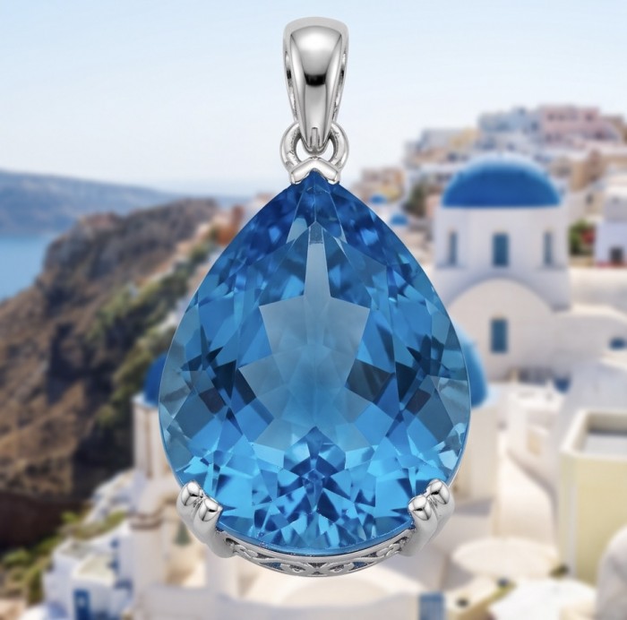 Tiffany Incredible pear cut 22.4 carat Swiss Blue Topaz rhodium over .925 Sterling Silver handcrafted pendant - Close-up of pear-cut 22.4 carat Swiss Blue Topaz pendant.
