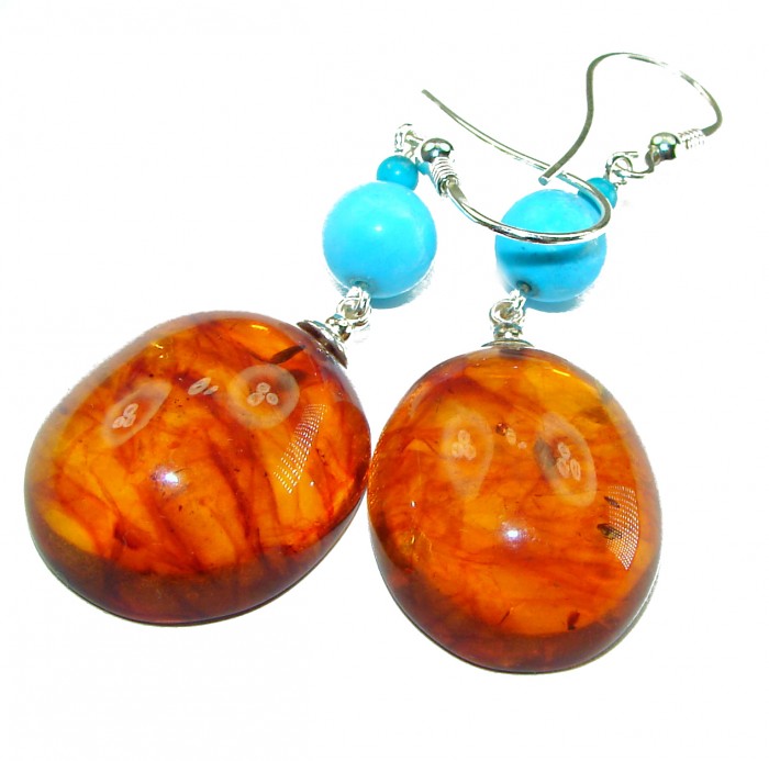 Baltic Polish Amber Turquoise .925 Sterling Silver Earrings - photo 2