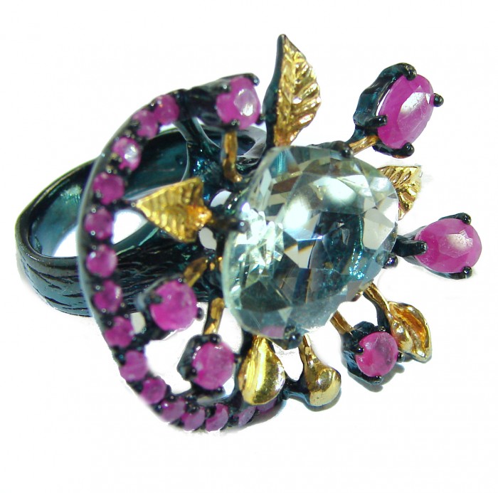 Huge 11.8 carat Genuine Green Amethyst black rhodium over .925 Sterling Silver handcrafted ring size 7 - photo 3