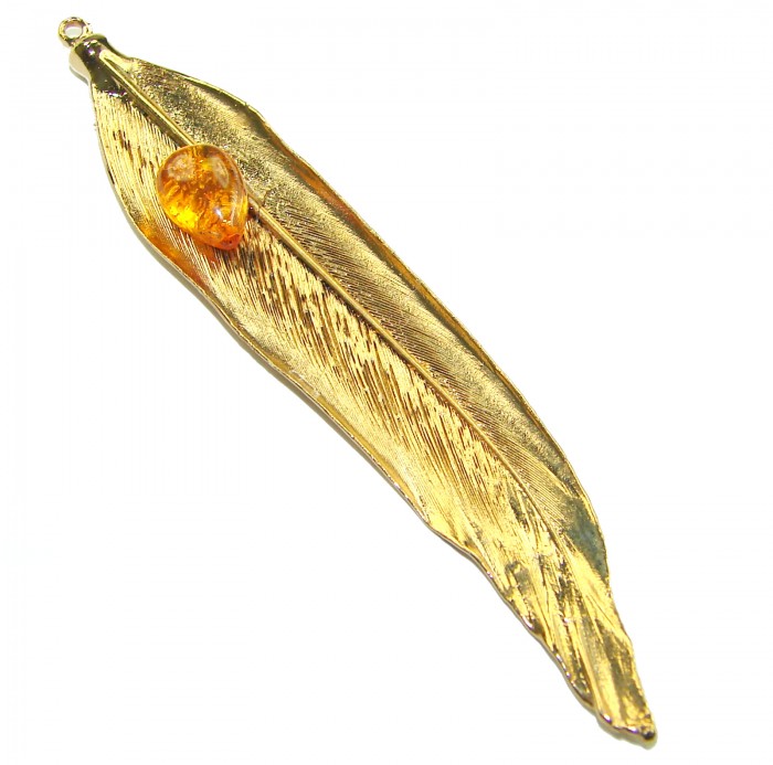 Stylish REAL Leaf Coved with Sterling Silver and 14K Gold Golden Topaz & .925 Sterling Silver Pendant - photo 2