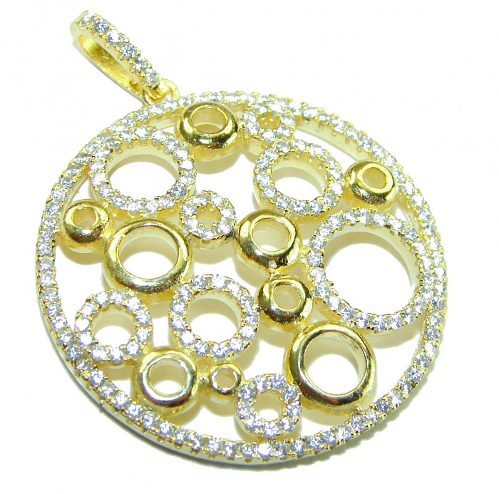 Exquisite vintage style 6.8 carat White Sapphire 18K Gold over .925 Sterling Silver handcrafted Made in Italy Statement pendant - Gold pendant with circular design and white sapphires, front angle.