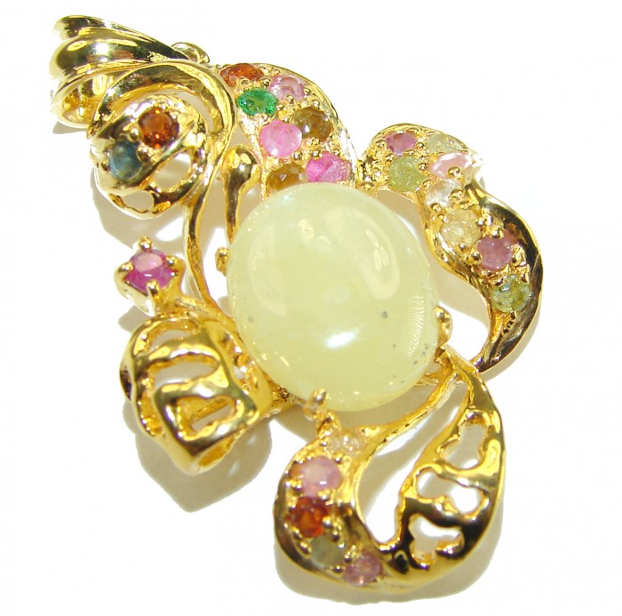 Her Majesty Authentic 10.2 carat Australian White Opal 18K Gold over .925 Sterling Silver incredible handcrafted pendant - Close-up of 18K gold jewelry with Australian white opal and gemstones.