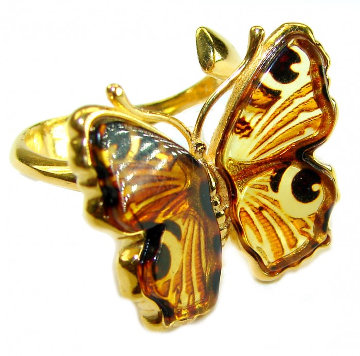Butterfly Authentic Baltic Amber 14K Gold over.925 Sterling Silver handcrafted ring; s. 8 adjustable - Butterfly amber ring in gold, side view close-up of wings.