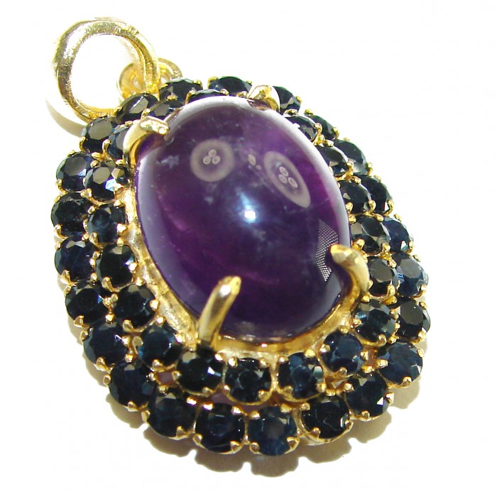Beautiful Purple Treasure 22.5 carat Amethyst Sapphire 14K Gold over .925 Sterling Silver handcrafted Pendant - Amethyst and sapphire pendant close-up with gold setting.