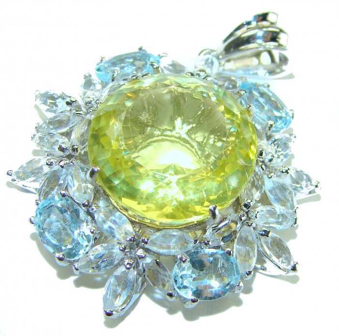 Costa del Sol 21.1 carat Lemon Quartz Aquamarine rhodium over .925 Sterling Silver handcrafted pendant - Close-up of Costa del Sol Lemon Quartz Aquamarine pendant
