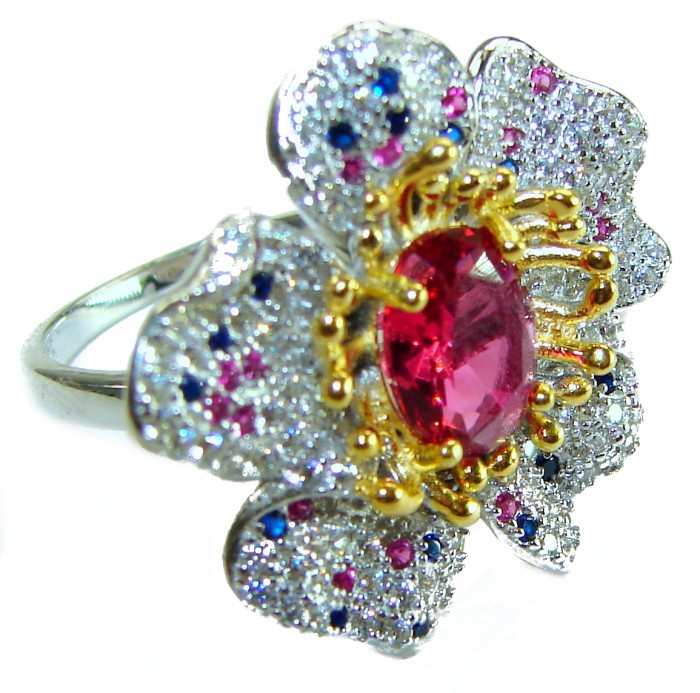 4.2 carat oval cut Brazilian Pink Tourmaline 2 tones .925 Silver handcrafted Cocktail Ring s. 7 adjustable - Floral ring with pink tourmaline and diamonds, top view close-up.