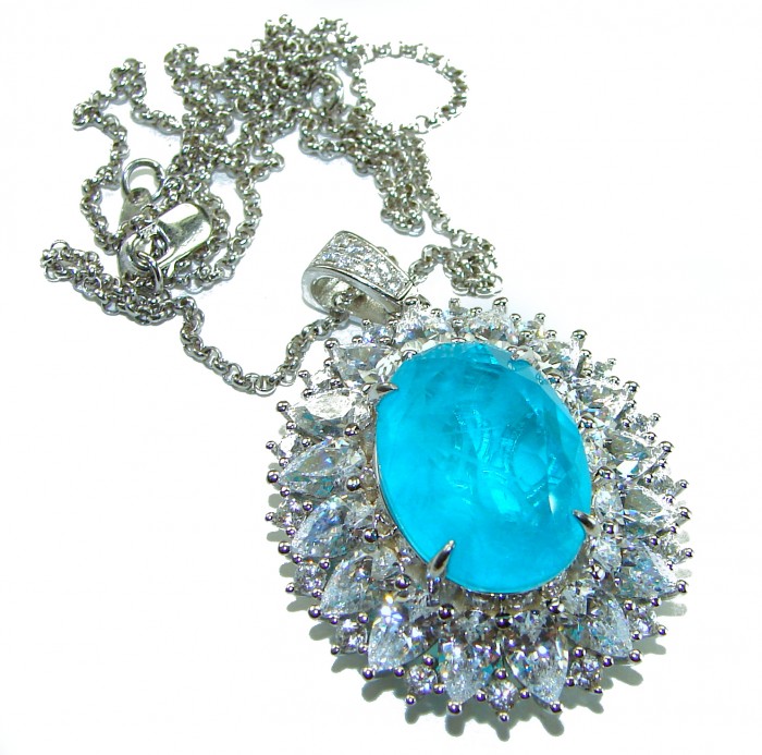A Wild Ocean genuine 19.2 carat Paraiba Tourmaline .925 Sterling Silver handmade Statement necklace - Close-up of Paraiba Tourmaline pendant with chain.