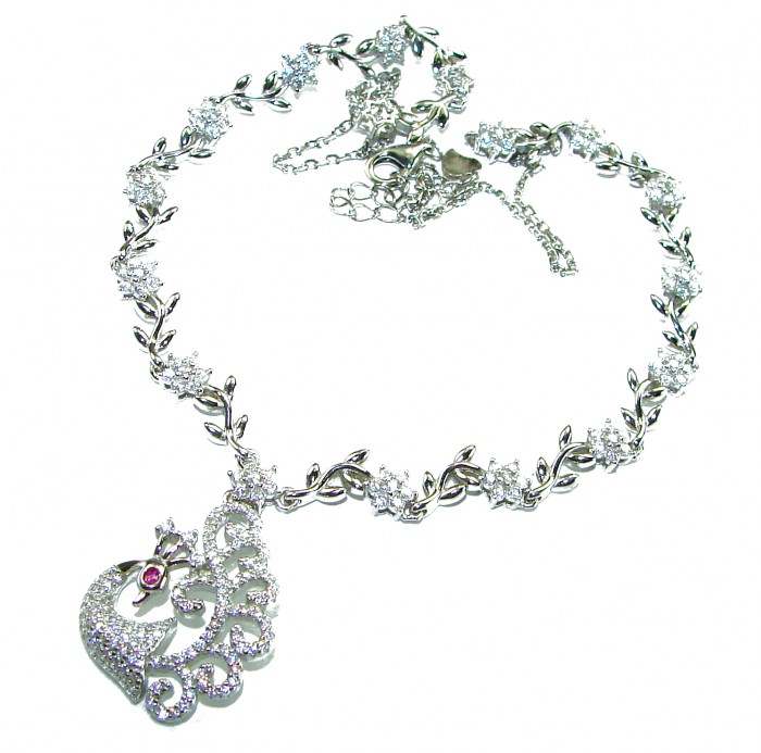 Graceful Swan shimmering White Topaz .925 Sterling Silver handcrafted necklace - Graceful Swan necklace, top view, with intricate design and clasp detail.