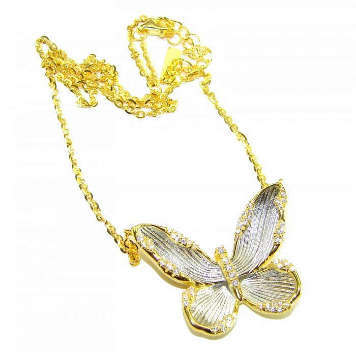 Golden Butterfly White Topaz highly polished 18K Gold over .925 Sterling Silver Italy made necklace - Butterfly necklace with white topaz, angled top view.