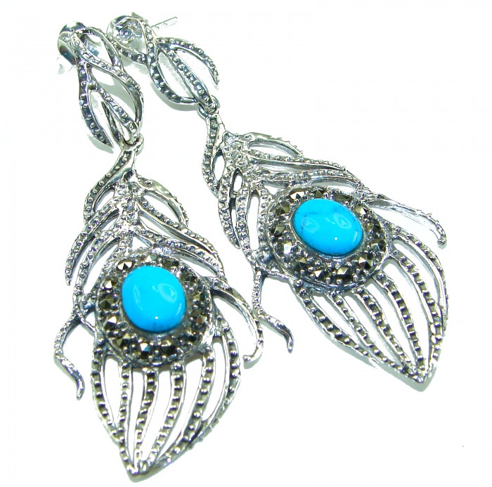 Great Peacocks Feathers authentic inlay Turquoise .925 Sterling Silver handcrafted Earrings - Peacock feather earrings with turquoise stone, top angle view.