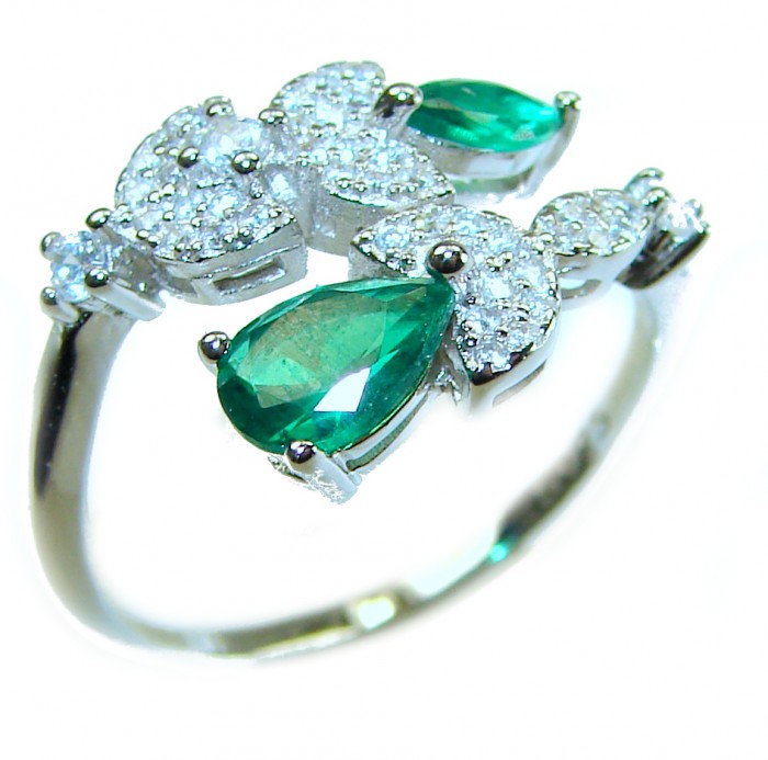 Gabriella - Luxurious 3.6 carat Emerald .925 Sterling Silver handcrafted Cocktail Ring s. 7 1/4 - Emerald and diamond ring close-up, featuring teardrop emeralds.