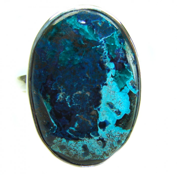 Authentic Parrot's Wing Chrysocolla .925 Sterling Silver handcrafted ring size 8 adjustable - Stone close-up of Parrot's Wing Chrysocolla Sterling Silver jewelry