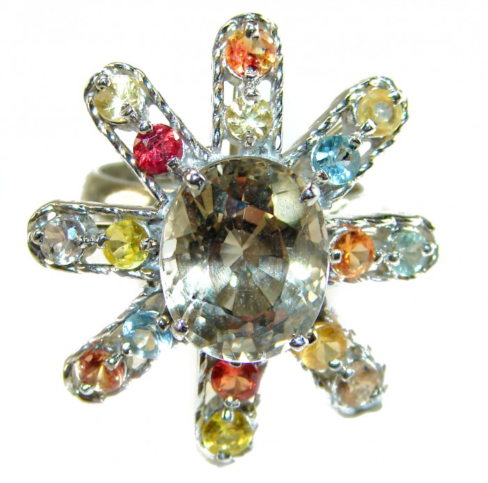 Celestial peace 15.5 carat Champagne Topaz MULTICOLOR SAPPHIRE .925 Sterling Silver HUGE Ring size 8 - Top view of multicolor sapphire and Champagne Topaz ring.