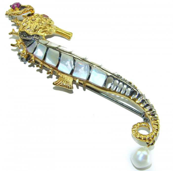 Precious SeaHorse Natural Rainbow Abalone Ruby 14K Gold over .925 Sterling Silver handmade Pendant Brooch - Side view of seahorse brooch with abalone, ruby, and pearl detailing